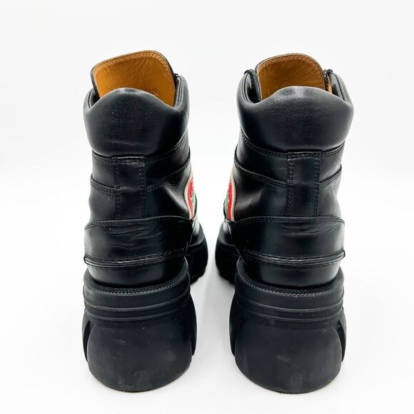 Gucci GG Web Stripe Lug Sole Black Leather Quebec Combat Boots Size 39, 9 - Picture 5 of 12